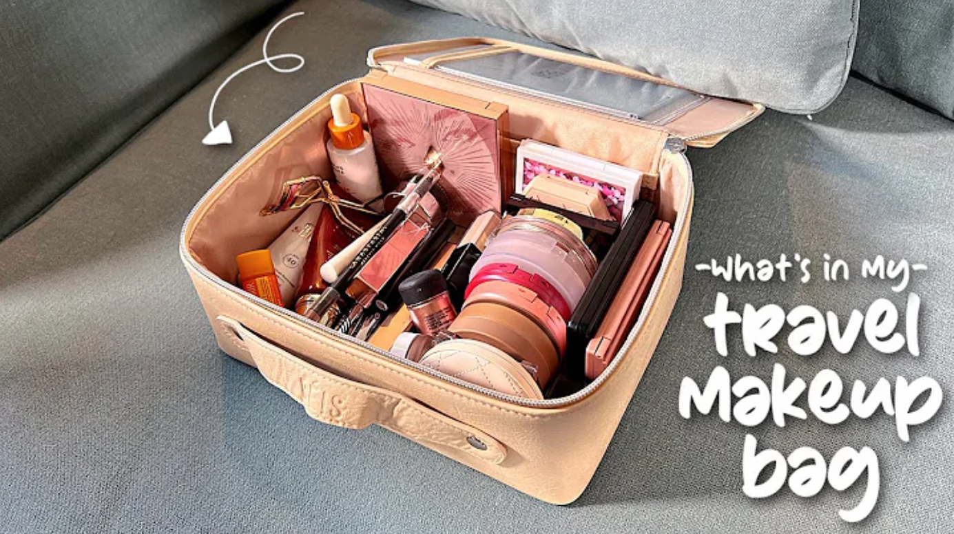 Image showcasing a neatly organized travel makeup bag.