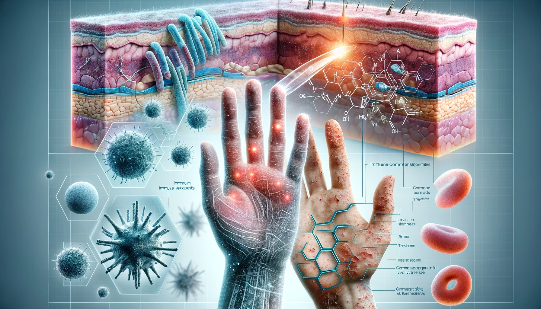 A detailed, educational illustration representing the science behind eczema. On one side of the image, there's a microscopic view of skin layers, vividly showing the inflamed and irritated structure typical of eczema, with reddened, swollen tissue. Beside it are molecular structures, symbolizing common treatments and immune responses involved in eczema. Adding a human touch to the scientific depiction, there's an image of a hand with visible eczema symptoms - red, irritated patches on the skin. The overall design merges medical imagery with real-life representation to convey the complexity of eczema.